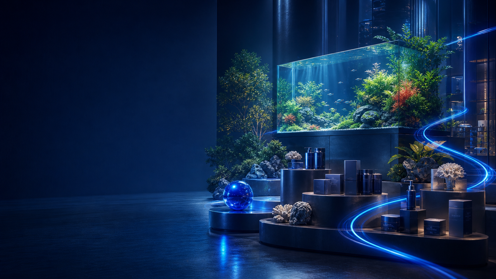 水草水槽とアクアリウム商品が展示された上質なギャラリー空間